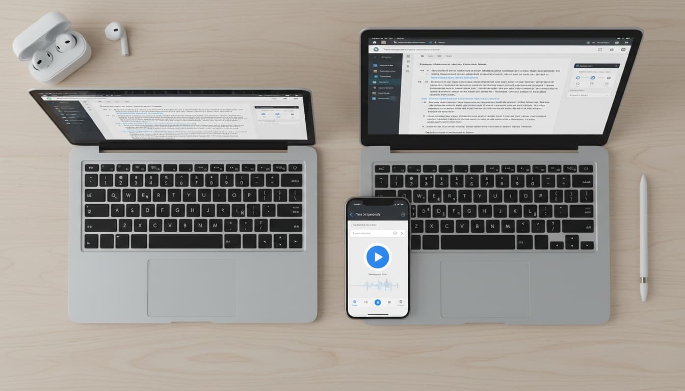 Side-by-side view of smartphone and laptop screens showing text-to-speech application interfaces with contrasting feature layouts and design elements.
