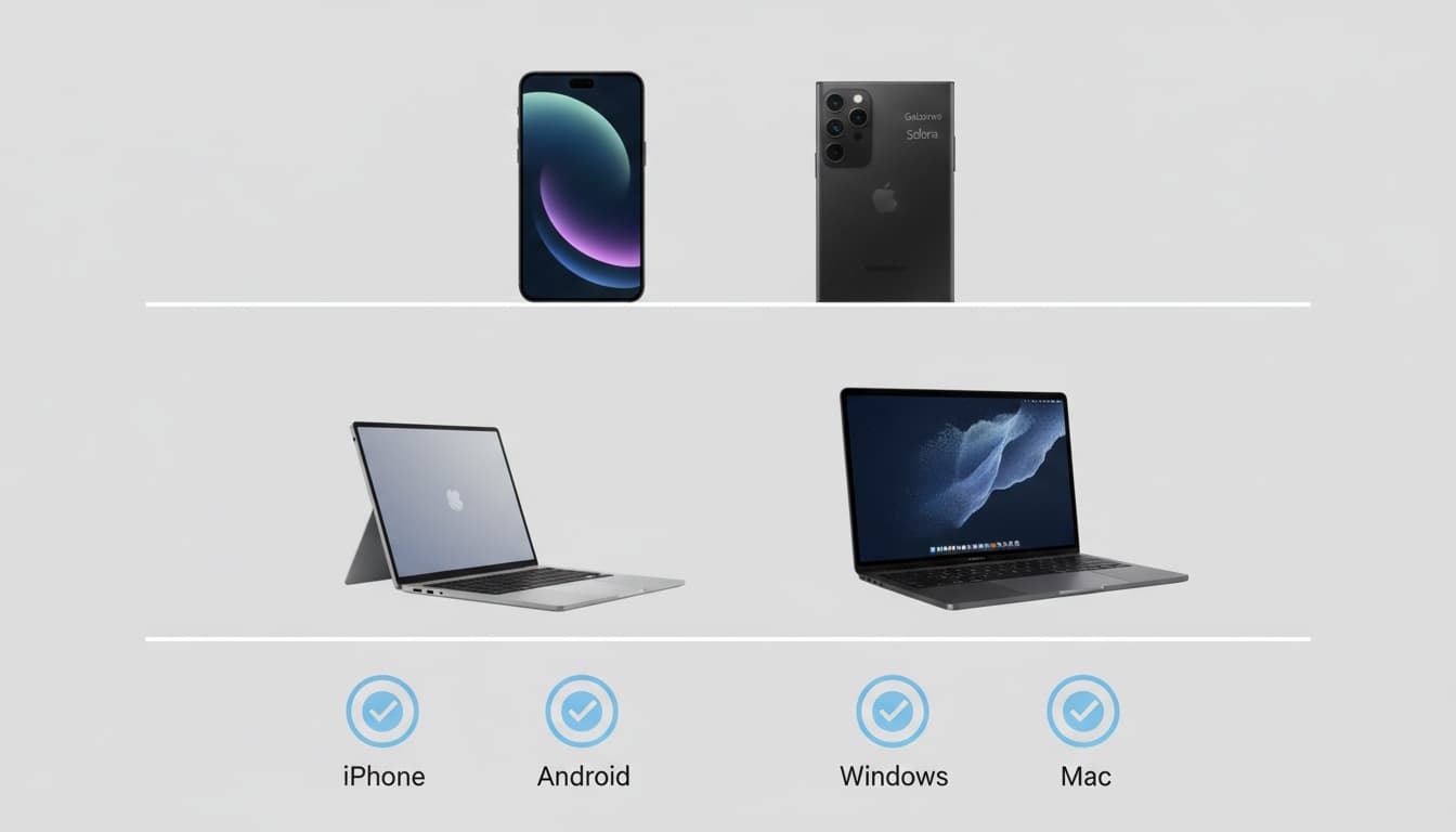 Professional device compatibility chart displaying iPhone, Android phone, Windows laptop, and Mac computer with visual checkmark indicators showing software compatibility across platforms.