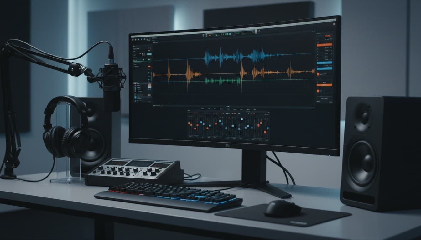 Modern computer workstation with professional microphone and audio waveforms displayed on monitor, representing open-source speech synthesis technology.