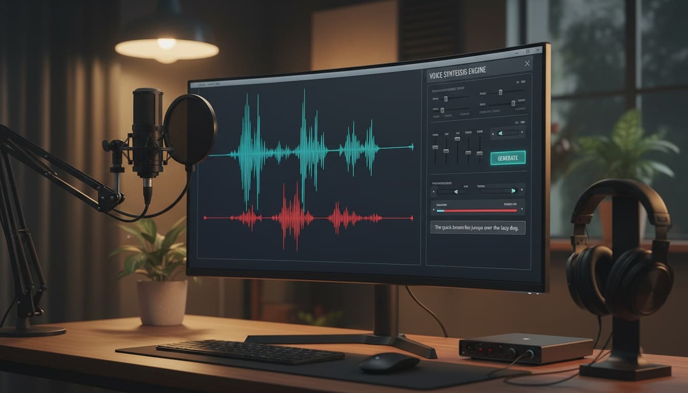 Computer workstation showing audio waveform visualization on screen with microphone and headphones, representing text-to-speech software development and voice synthesis tools.