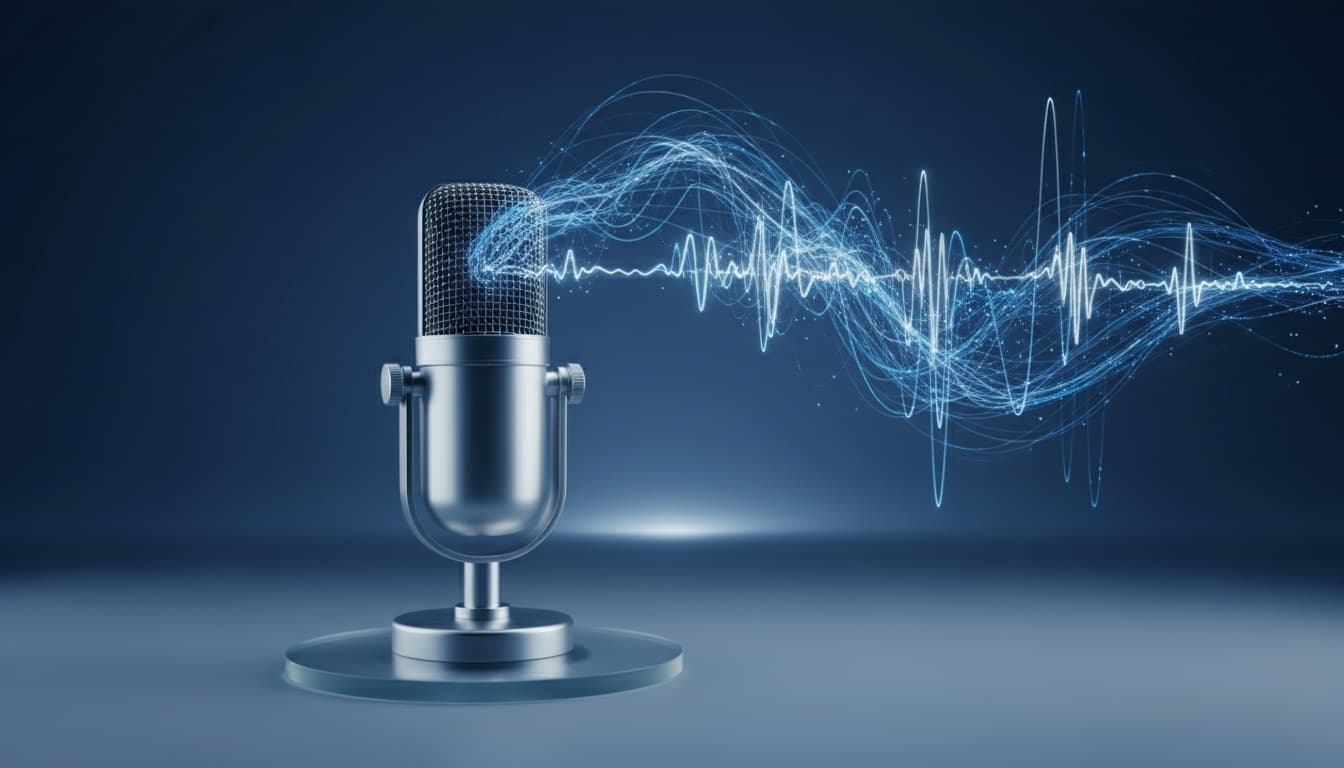 Close-up of a professional microphone with glowing blue sound wave visualizations emanating from it against a dark background.