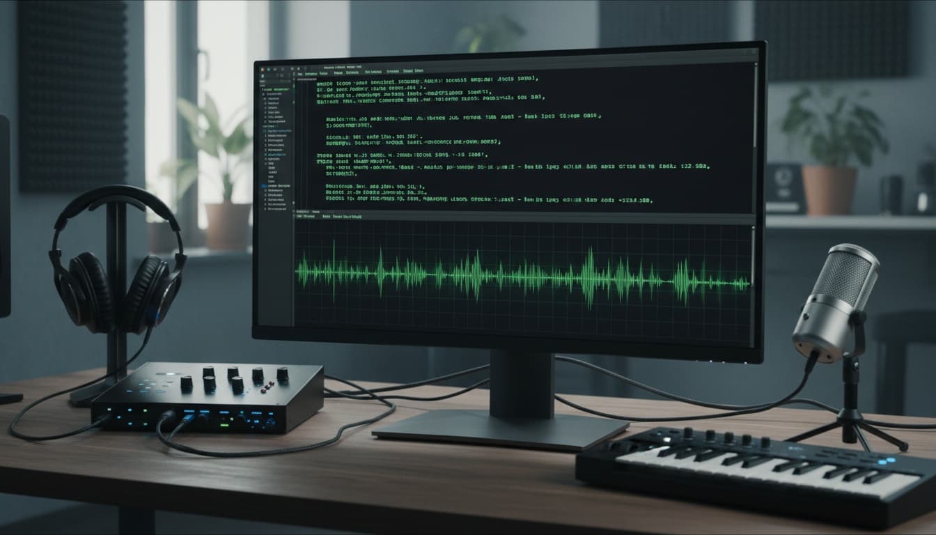 Monitor showing terminal with audio waveforms and synthesis output, representing successful XTTS text-to-speech processing in a professional development environment.