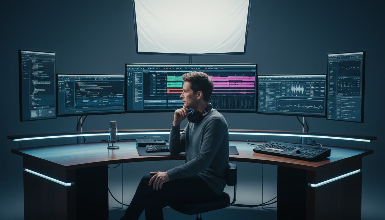 Professional working at desk with multiple monitors showing audio editing software and voice synthesis tools, representing AI voice platform switching and content creation workflows.