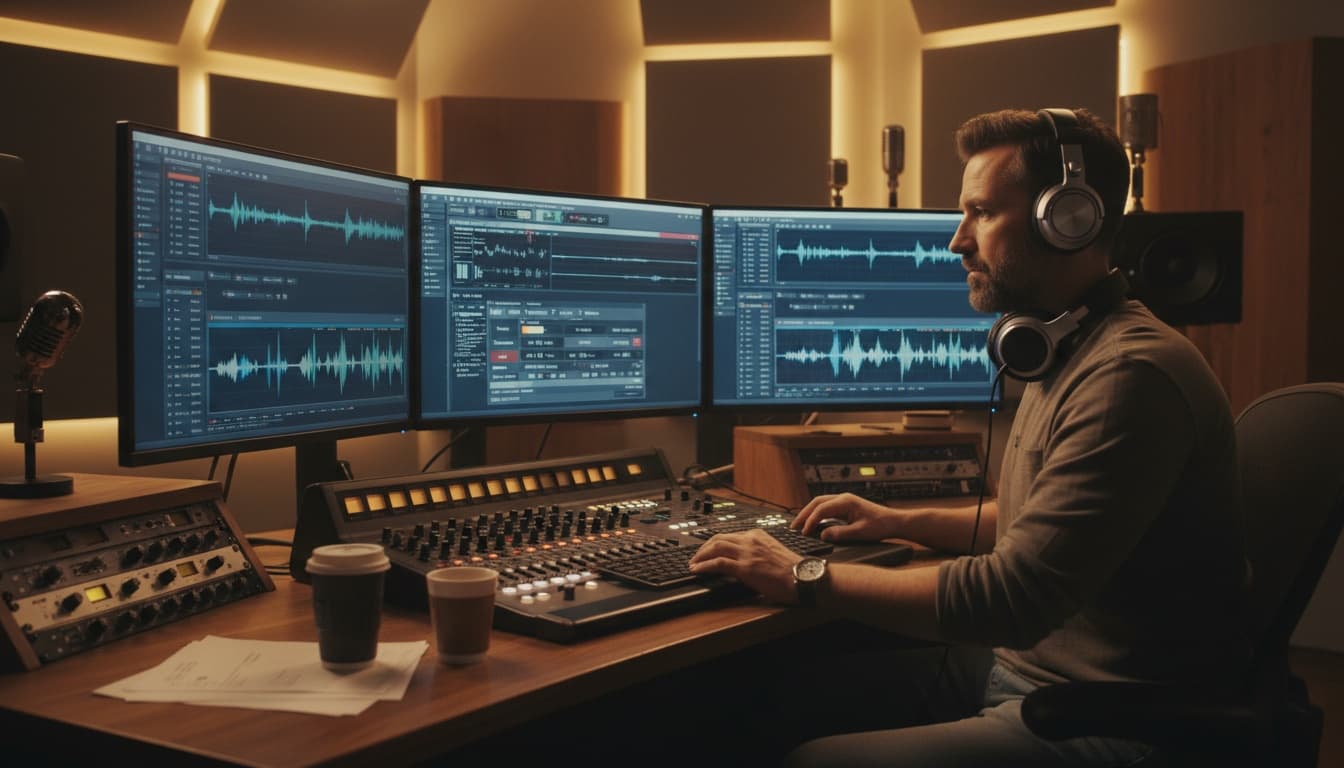 Audio engineer working at computer workstation with waveform displays, testing and comparing voice cloning technology in professional studio environment
