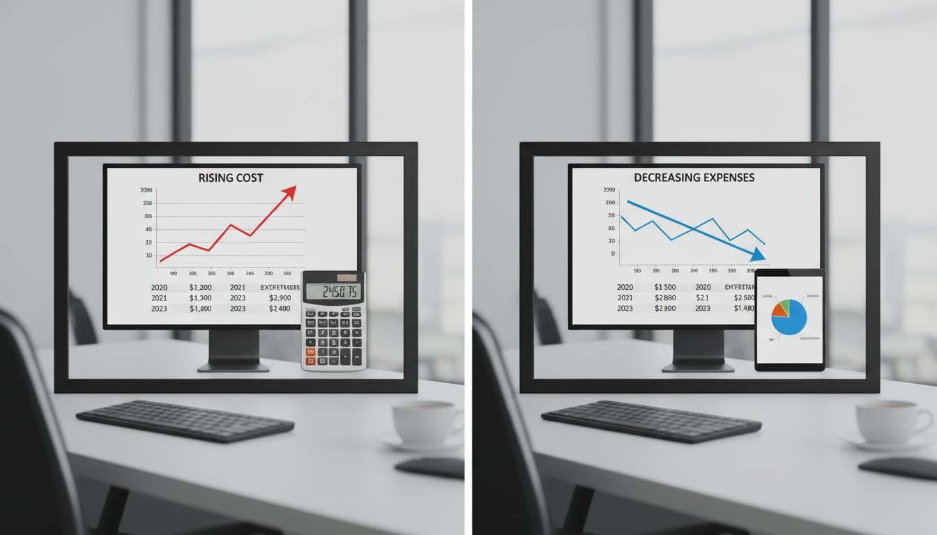 Professional split-screen showing escalating costs on one side and decreasing expenses on the other, representing pricing comparison and cost savings
