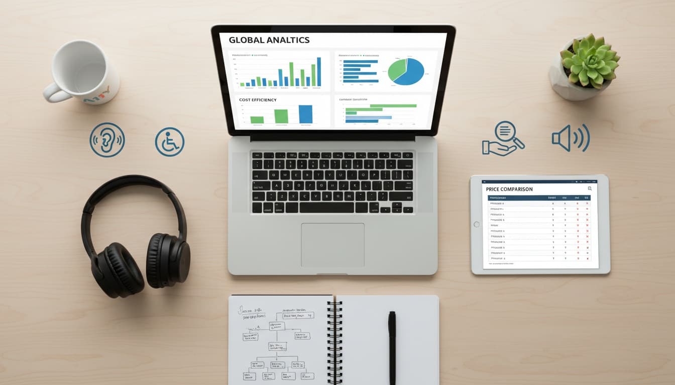 Laptop with analytics dashboard surrounded by headphones and accessibility symbols on a professional workspace, representing text-to-speech cost analysis and user needs.