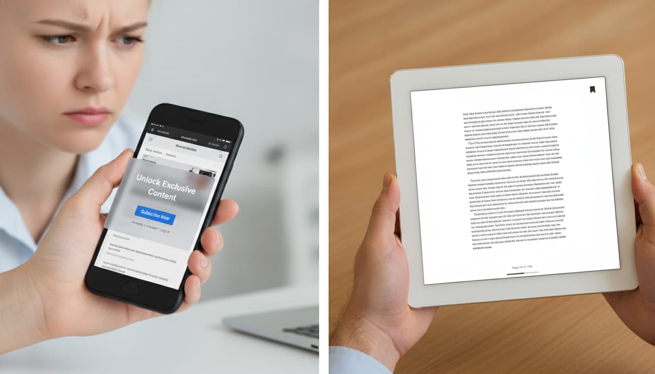 Split-screen showing a paywall restriction on one device contrasted with an uninterrupted text-to-speech interface on another, representing free versus limited access.