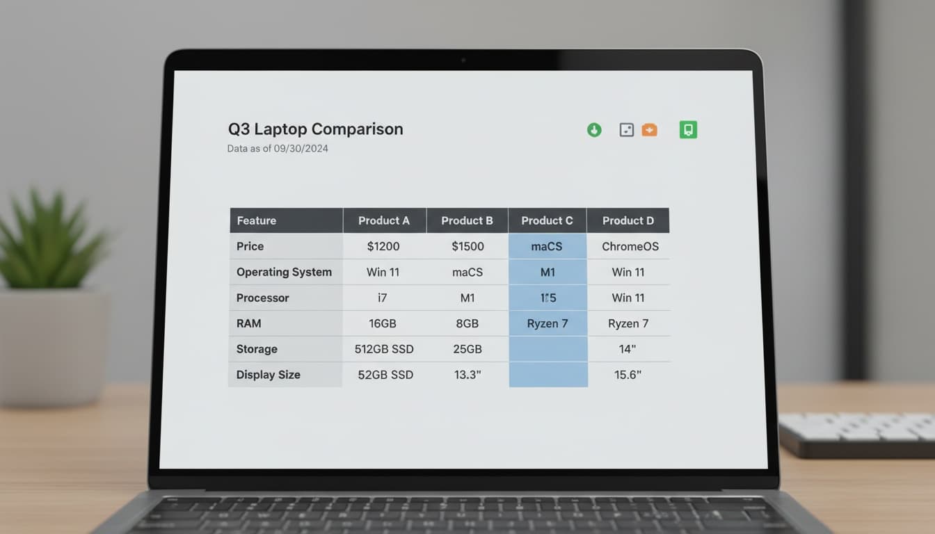 A laptop screen showing a clean, organized comparison table with multiple columns and rows of data in a professional dashboard layout.