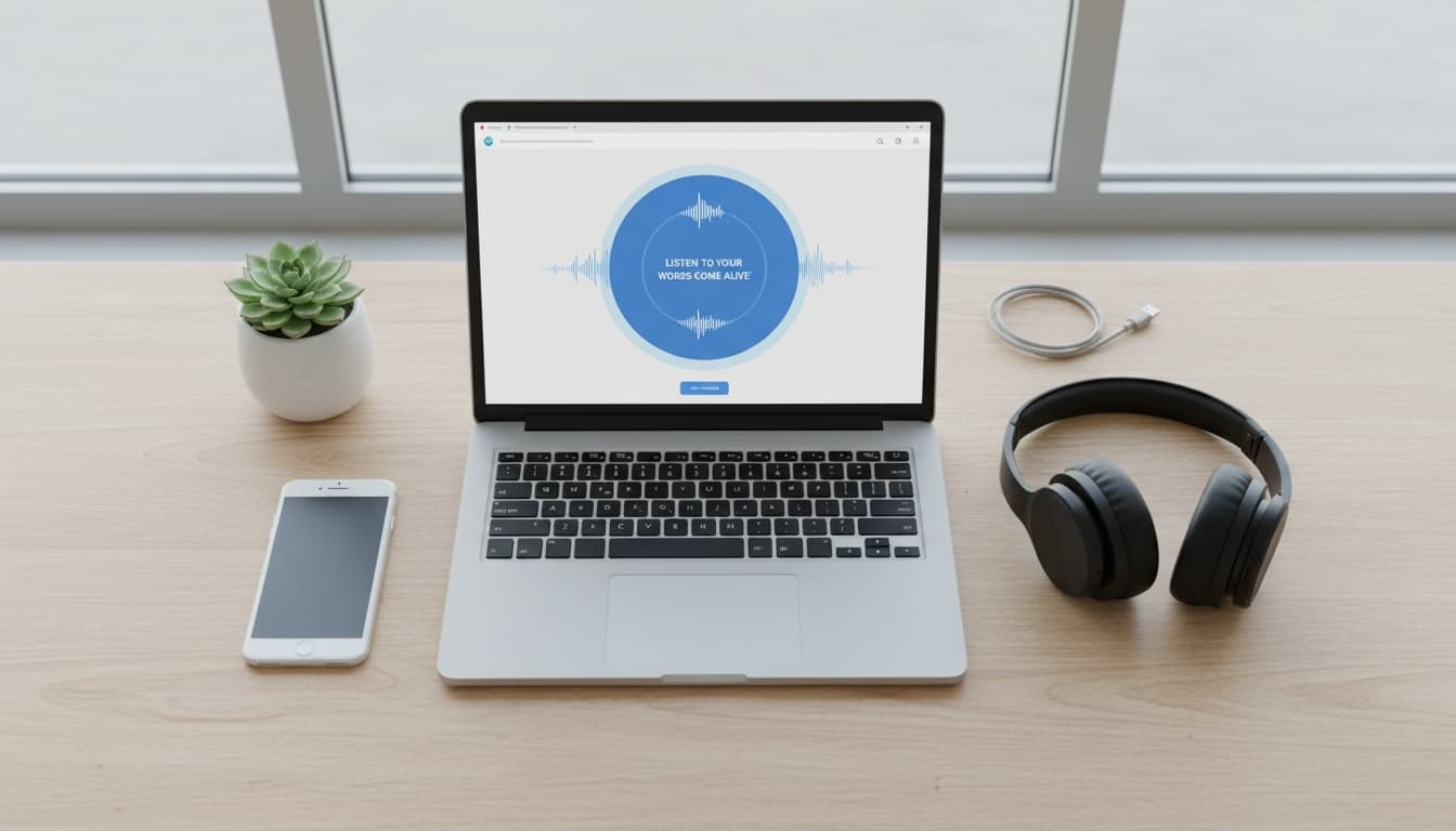 Laptop, smartphone, and headphones arranged on a clean desk, representing text-to-speech software and audio alternatives for reading digital content.