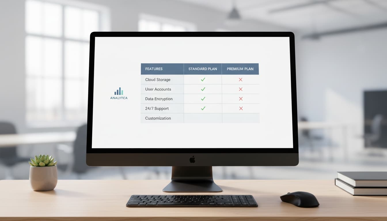 A professional comparison table shown on a computer screen displaying features and specifications in organized rows and columns with clean typography.