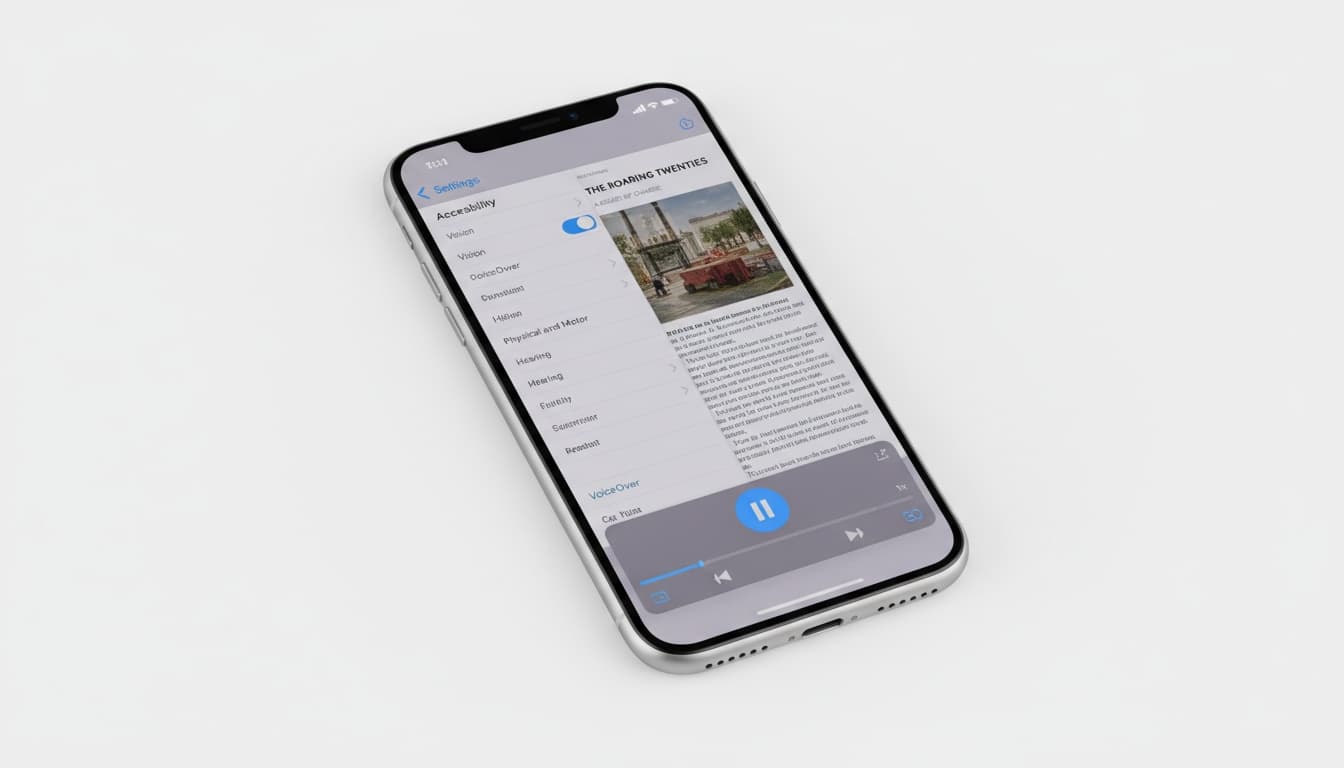 iPhone screen split between iOS Settings Accessibility options and a PDF document with audio playback interface, demonstrating text-to-speech setup.