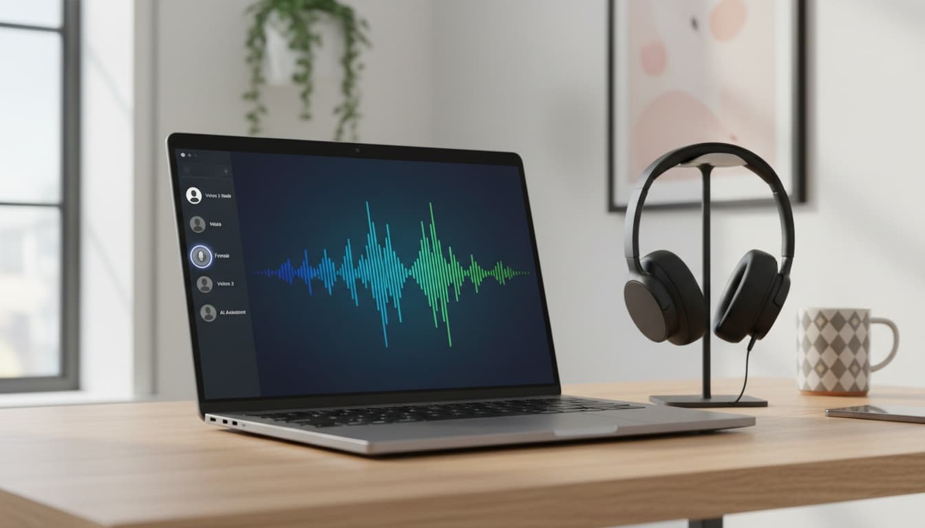 Laptop screen showing audio waveform and voice selection menu with professional headphones on desk, representing text-to-speech software interface and premium audio features.