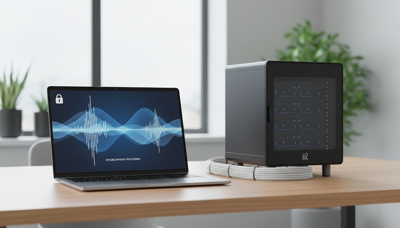 Laptop displaying audio waveforms with security padlock symbol, representing local AI voice generation and offline privacy protection for text-to-speech technology.
