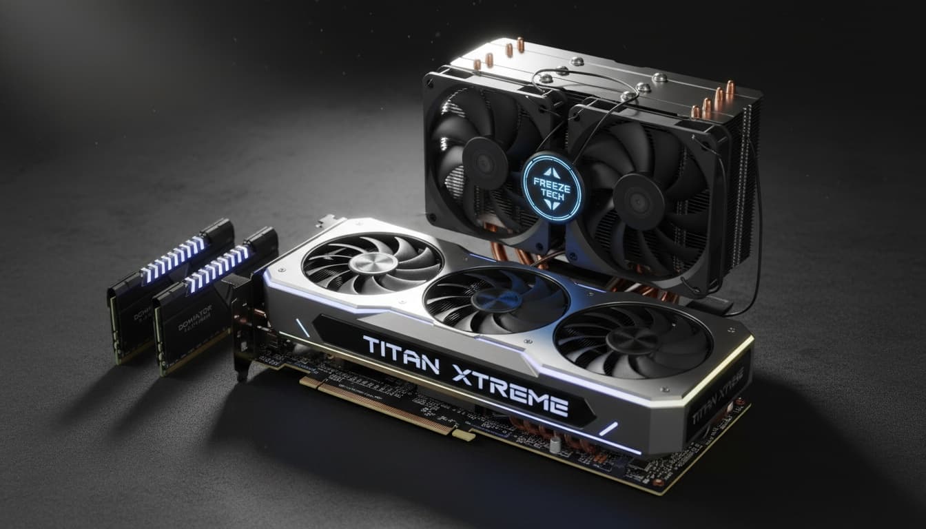 Close-up view of computer hardware components including graphics card, RAM sticks, and processor cooler arranged to showcase high-performance computing equipment.