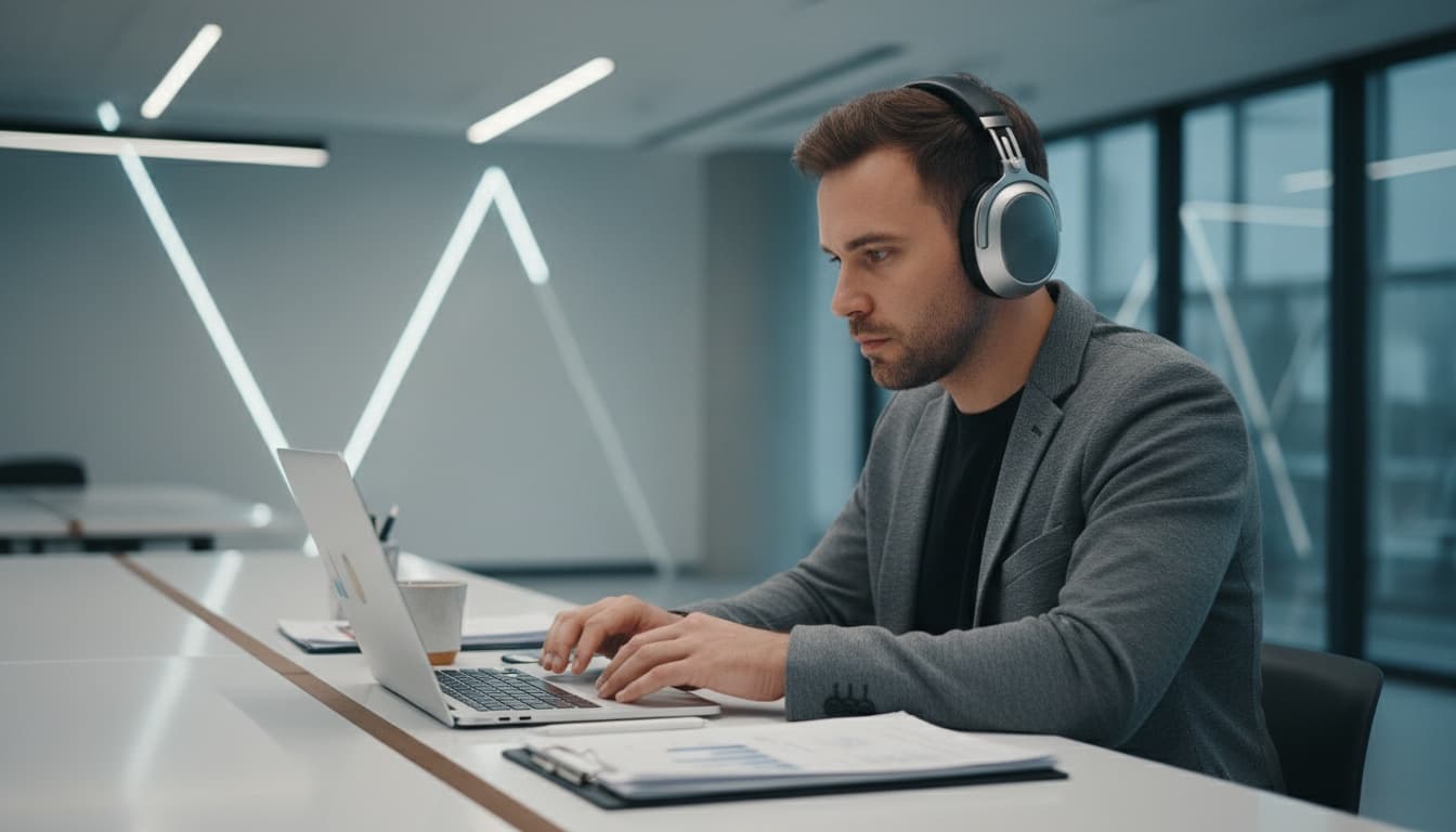 Person wearing headphones at desk with laptop and papers, representing text-to-speech software users evaluating digital accessibility tools.