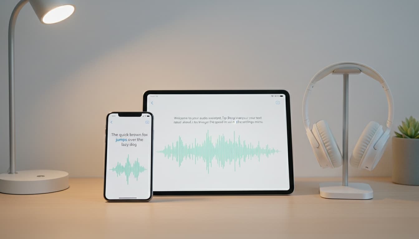 Smartphone and tablet showing text-to-speech reading interface with headphones on a clean desk, representing digital accessibility tools.