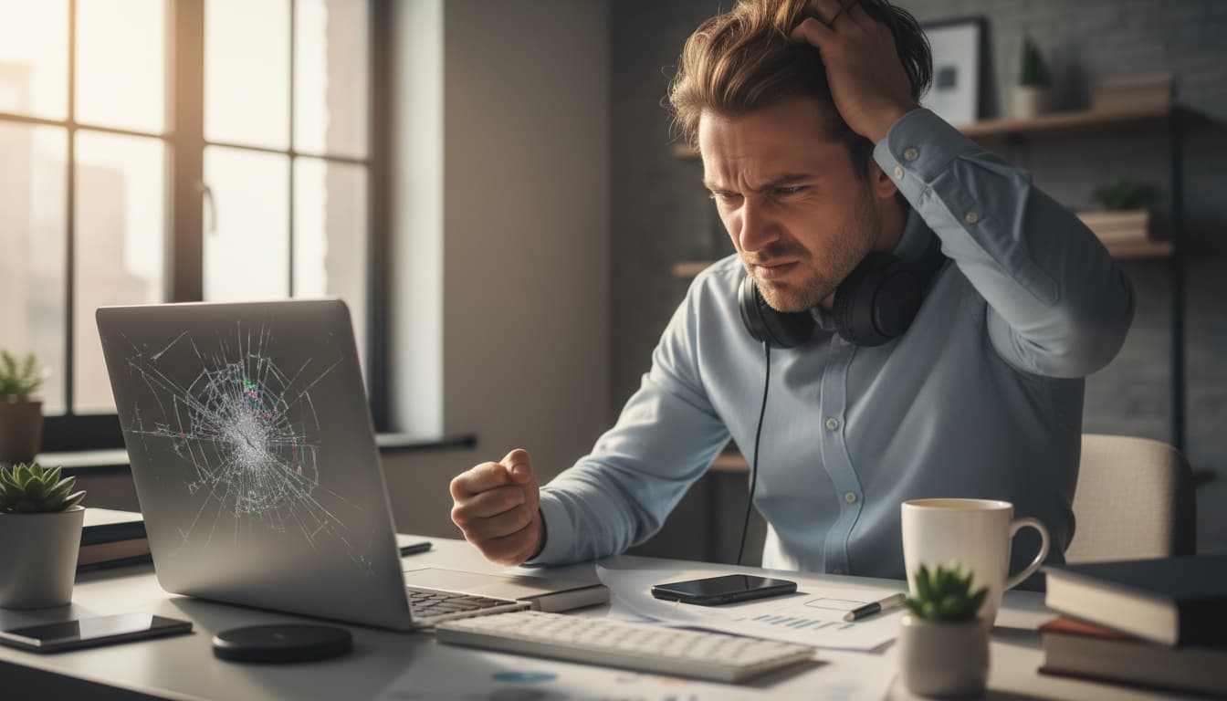 Person looking frustrated at a malfunctioning laptop with headphones, representing technology reliability issues and software problems