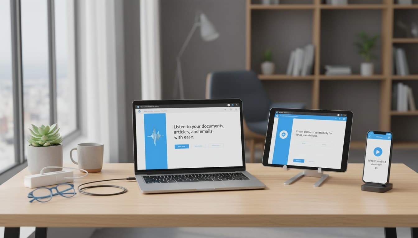 Multiple devices including laptop, tablet, and smartphone arranged on a desk, representing cross-platform text-to-speech software compatibility and accessibility solutions.