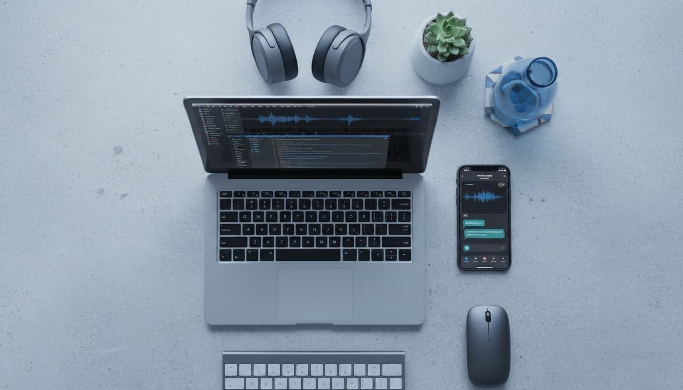 Smartphone and laptop showing text-to-speech interface with headphones on a clean desk, representing digital accessibility and audio conversion technology