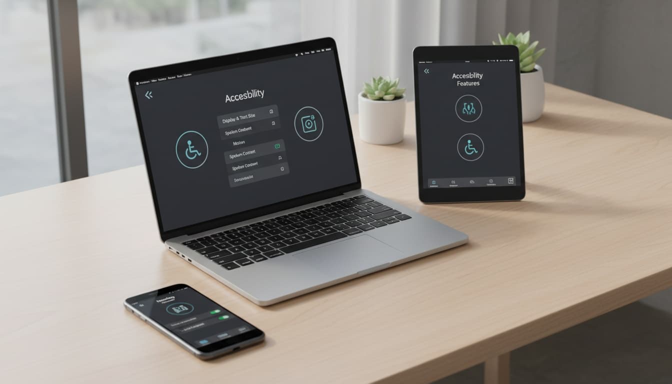 Multiple digital devices showing accessibility menus and settings screens, representing cross-platform text-to-speech features available on different operating systems.