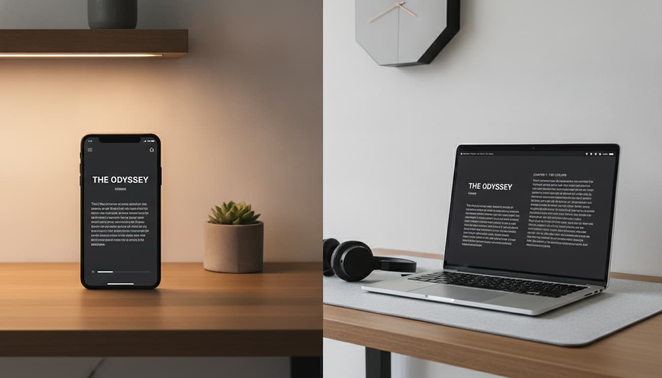 Side-by-side view of mobile phone and laptop displaying text-to-speech app interfaces with clear UI elements and reading controls visible on both devices.