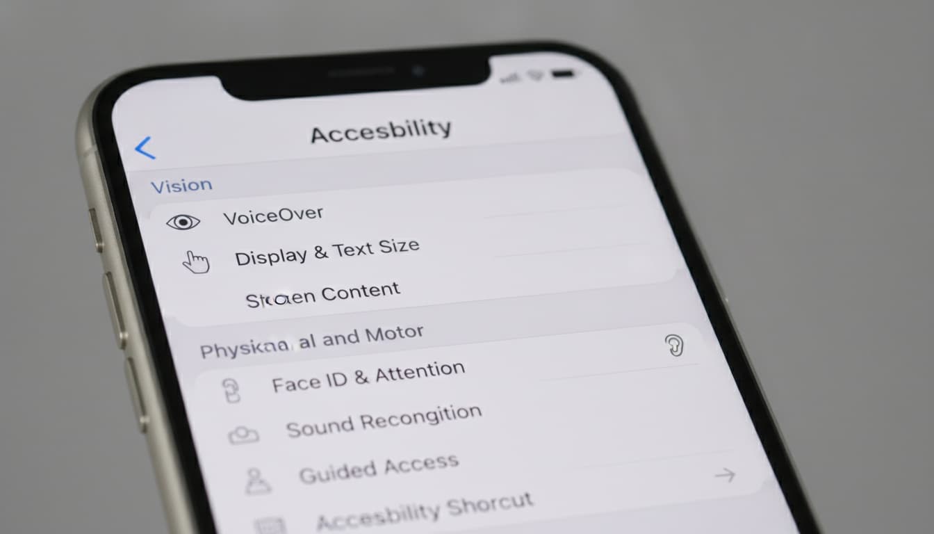iPhone screen showing accessibility settings menu with spoken content options visible, professional product photography with soft studio lighting.