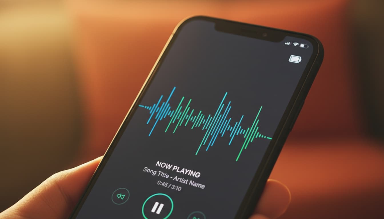 Smartphone displaying audio waveform and battery indicator, representing text-to-speech performance and power consumption analysis on mobile devices.