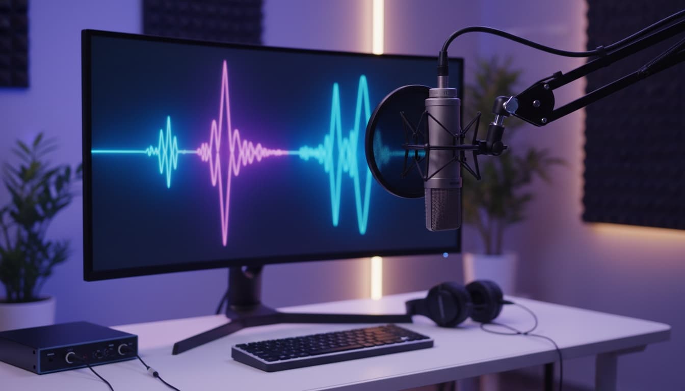 Professional microphone in studio with sound wave visualization on computer screen, representing voice cloning and audio technology