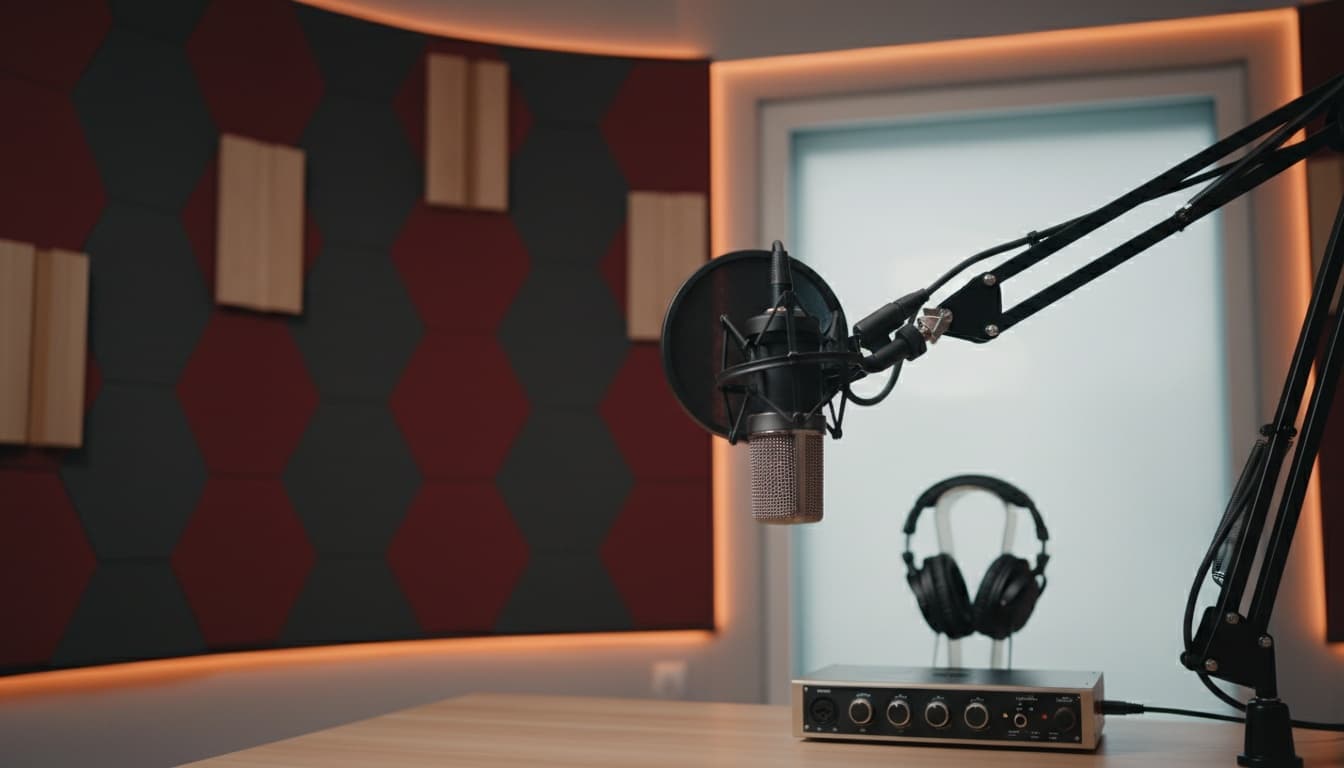 Professional recording studio setup showing a quality microphone with acoustic treatment, representing optimal audio preprocessing for voice cloning applications